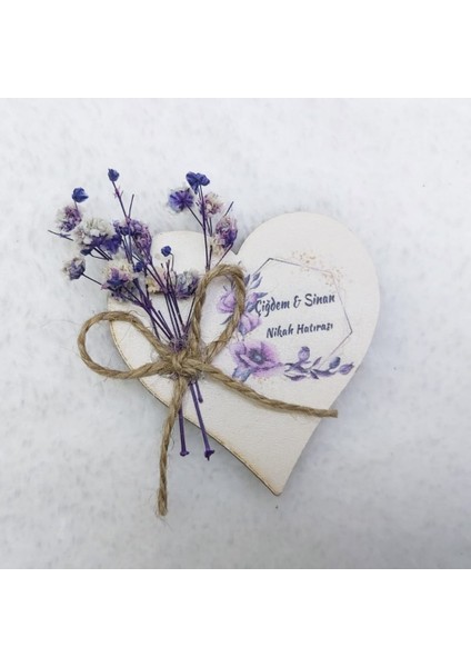 30 Adet Ahşap Kalp Kuru Çiçek Süslü Uv Baskılı Nişan Liği Nikah Şekeri 6 cm