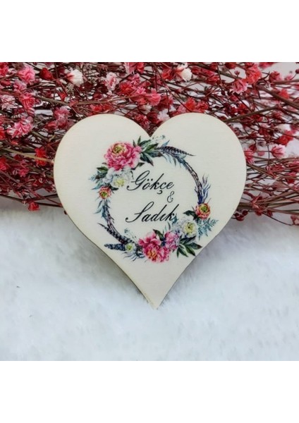 30 Adet Çiçekli Kalp Ahşap Nikah Magnet Uv Baskı Nişan Liği Ekonomik