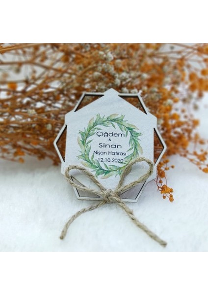 30 Adet Prizma Desenli Yeşil Çiçekli Fiyonklu Ahşap Nikah Şekeri Uv Baskı Nişan Liği Ekonomik