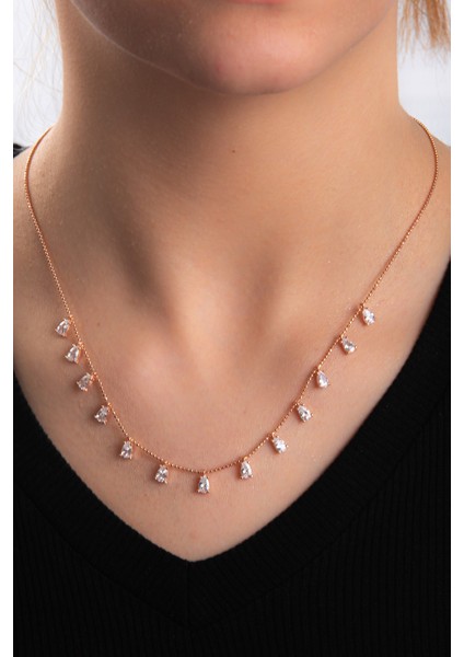 Zirkon Taşlı Rose Altın Kaplama Shakira Kadın Gümüş Kolye 925 Ayar