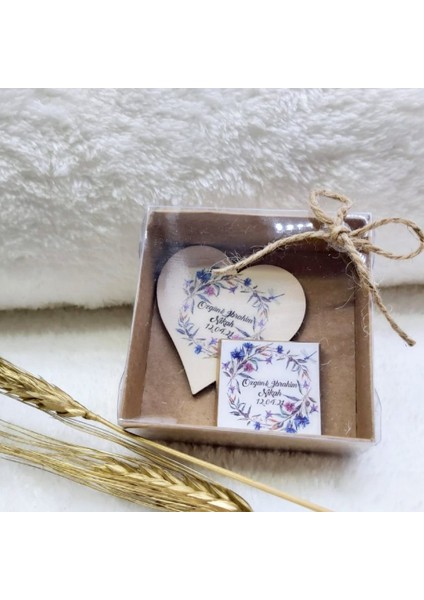 30 Adet Kutu Içerisinde Kalp Ahşap Magnet ve Madlen Çikolata Söz Liği Nikah Şekeri