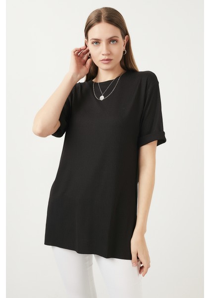 Oversize Bisiklet Yaka Yırtmaç Detaylı Bluz Kadın Bluz 5863683