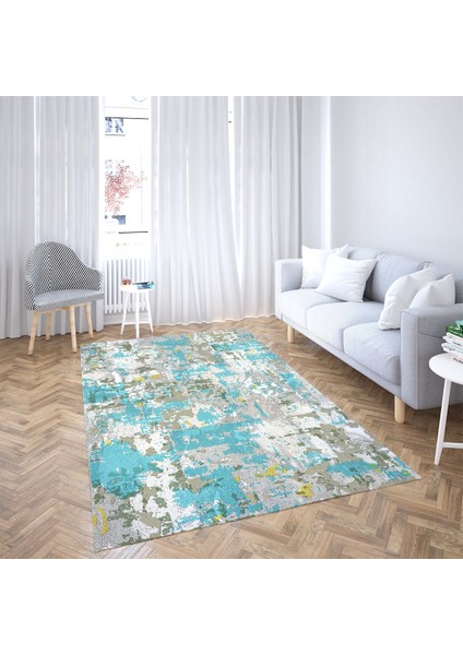 Batik Desen Renk Geçişli Dijital Baskı Yıkanabilir Kaymaz Taban Modern Salon Halısı ve Yolluk (Mavi)