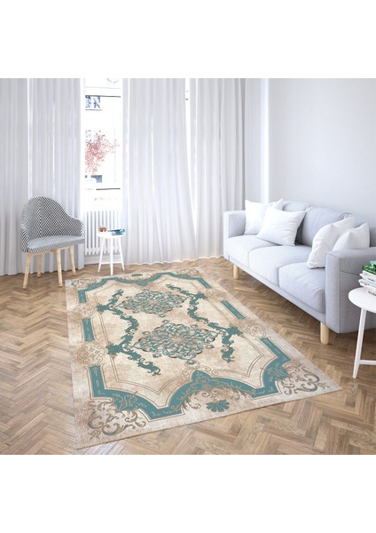 Osmanlı Şal Desen Çerçeveli Dijital Baskı Yıkanabilir Kaymaz Taban Düz Salon Halı ve Yolluk