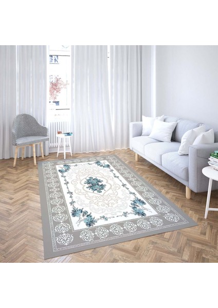 Gül Desen Çerçeveli Dijital Baskı Yıkanabilir Kaymaz Taban Vintage Salon Halısı ve Yolluk(Mavi) fiyatları