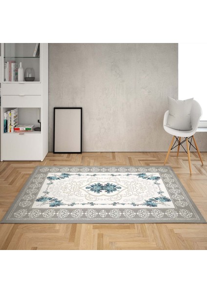 Gül Desen Çerçeveli Dijital Baskı Yıkanabilir Kaymaz Taban Vintage Salon Halısı ve Yolluk(Mavi)