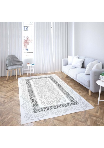 Osmanlı Motifler Desenli Dijital Baskı Yıkanabilir Kaymaz Taban Klasik Salon Halı ve Yolluk(Açıkgri)