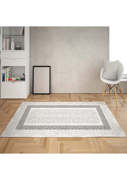 Osmanlı Motifler Desenli Dijital Baskı Yıkanabilir Kaymaz Taban Klasik Salon Halı ve Yolluk(Açıkgri)