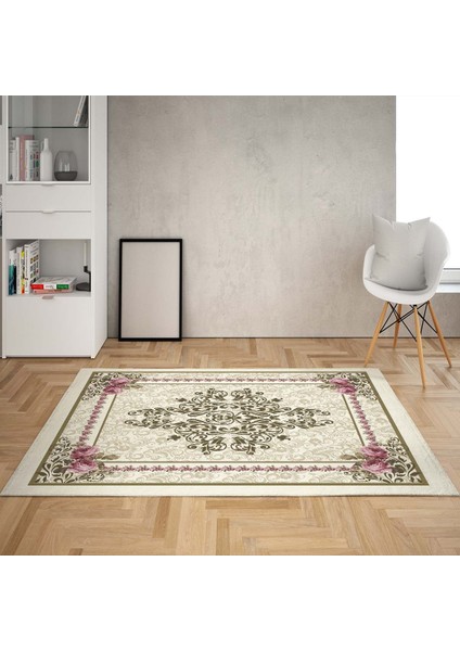 Gül Desenli Çerçeveli Dijital Baskı Yıkanabilir Kaymaz Taban Vintage Salon Halısı ve Yolluk