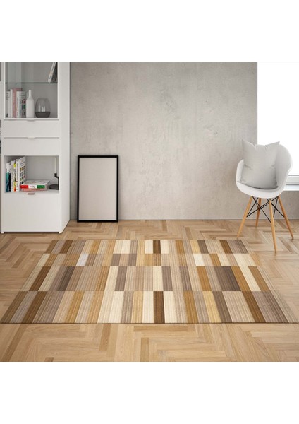 Taş Desenli Dijital Baskı Yıkanabilir Kaymaz Taban Modern Salon Halı ve Yolluk(Kahve)