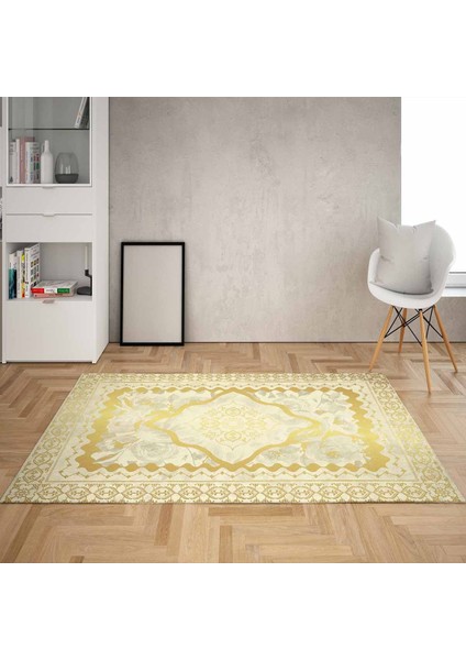 Osmanlı Desen Gold Çerçeveli Dijital Baskı Yıkanabilir Kaymaz Taban Klasik Salon Halısı ve Yolluk