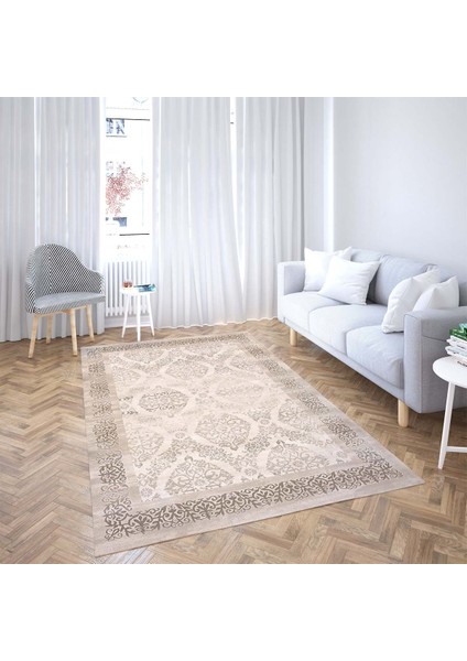Osmanlı Motifler Desenli Dijital Baskı Yıkanabilir Kaymaz Taban Klasik Salon Halı ve Yolluk(Vizon)