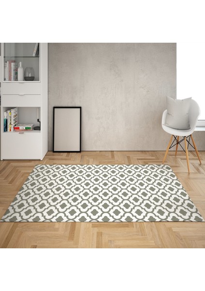 Geometrik Karo Desenli Dijital Baskı Yıkanabilir Kaymaz Taban Modern Salon Halısı (Gri)