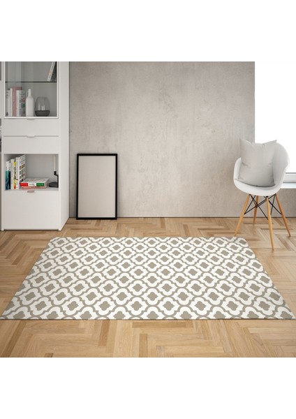 Geometrik Karo Desenli Dijital Baskı Yıkanabilir Kaymaz Taban Modern Salon Halısı (Vizon)