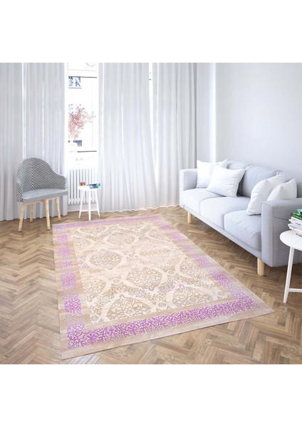 Osmanlı Motifler Desenli Dijital Baskı Yıkanabilir Kaymaz Taban Klasik Salon Halı ve Yolluk(Pembe)