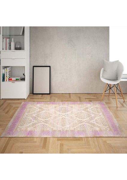 Osmanlı Motifler Desenli Dijital Baskı Yıkanabilir Kaymaz Taban Klasik Salon Halı ve Yolluk(Pembe)