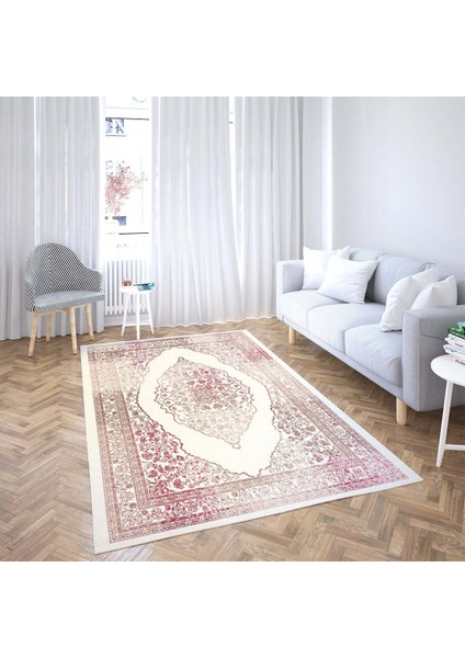 Osmanlı Motif Göbekli Desen Dijital Baskı Yıkanabilir Kaymaz Taban Klasik Salon Halısı (Pudra)