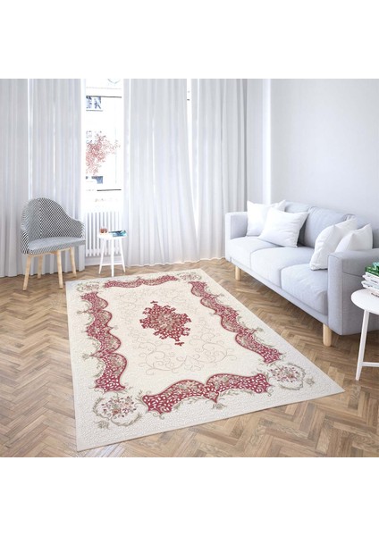 Osmanlı Model Dijital Baskı Yıkanabilir Kaymaz Taban Göbekli Leke Tutmaz Salon Halı Yolluk (Bordo)