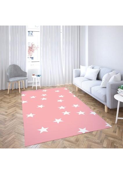 Yıldız Desenli Renk Geçişli Dijital Baskı Yıkanabilir Kaymaz Taban Salon Halısı ve Yolluk(Pembe)