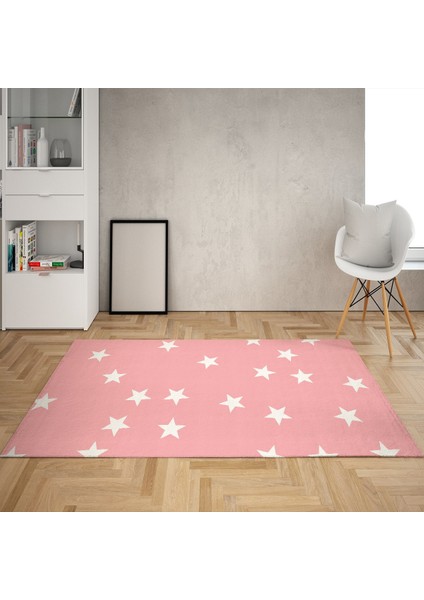 Yıldız Desenli Renk Geçişli Dijital Baskı Yıkanabilir Kaymaz Taban Salon Halısı ve Yolluk(Pembe)