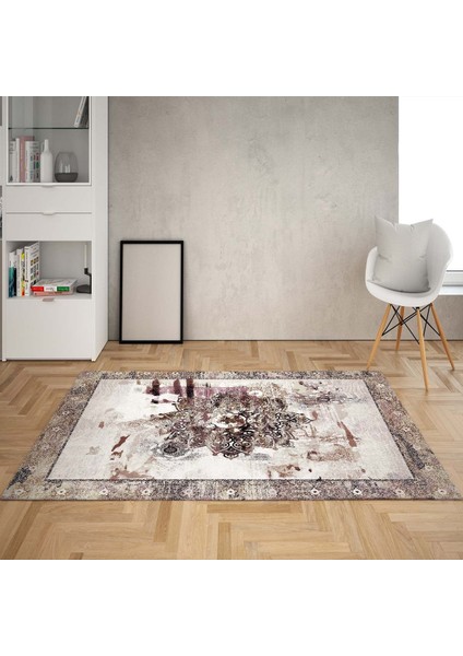 Osmanlı Motifler Desenli Dijital Baskı Yıkanabilir Kaymaz Taban Klasik Salon Halı ve Yolluk (Vizon)
