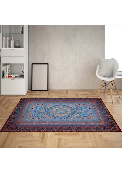 Osmanlı Motifler Desenli Dijital Baskı Yıkanabilir Kaymaz Taban Klasik Salon Halısı (Mor)