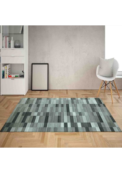 Renk Bloklu Geometrik Geçişli Dijital Baskı Yıkanabilir Kaymaz Taban Salon Halısı ve Yolluk Turkuaz