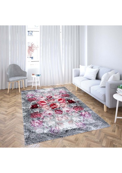 Katmerli Gül Desen Çerçeveli Dijital Baskı Yıkanabilir Kaymaz Taban Klasik Salon Halısı ve Yollukgri fiyatları