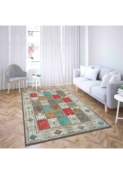 Etnik Desenli Dijital Baskı Yıkanabilir Kaymaz Taban Leke Tutmaz Salon Halısı ve Yolluk (Antrasit) fiyatları