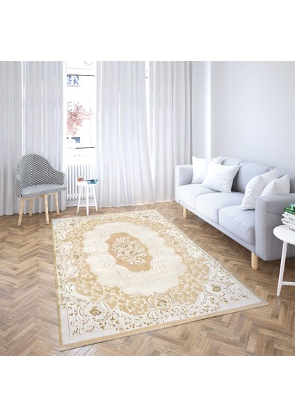 Osmanlı Motifler Desenli Dijital Baskı Yıkanabilir Kaymaz Taban Klasik Salon Halı ve Yolluk(Bej)