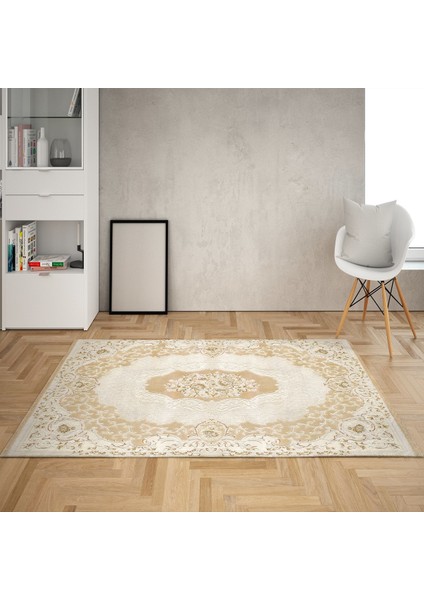 Osmanlı Motifler Desenli Dijital Baskı Yıkanabilir Kaymaz Taban Klasik Salon Halı ve Yolluk(Bej)