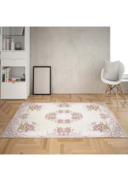 Çiçek Desenli Göbekli Dijital Baskı Yıkanabilir Kaymaz Taban Vintage Salon Halısı ve Yolluk (Pudra)