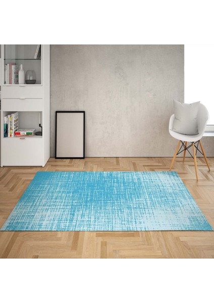 Çizgi Desenli Dijital Baskı Yıkanabilir Kaymaz Taban Klasik Salon Halı ve Yolluk (Mavi)