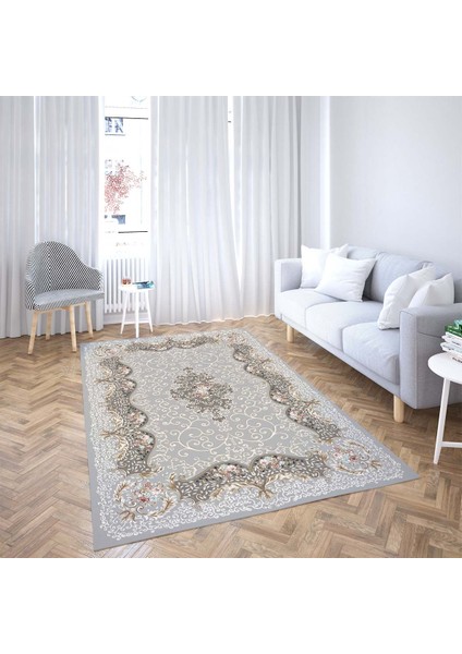 Osmanlı Model Dijital Baskı Yıkanabilir Kaymaz Taban Göbekli Leke Tutmaz Salon Halı Yolluk(Gri Yeni)