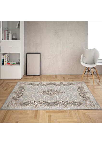 Osmanlı Model Dijital Baskı Yıkanabilir Kaymaz Taban Göbekli Leke Tutmaz Salon Halı Yolluk(Gri Yeni)