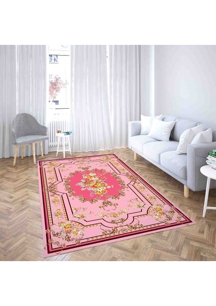 Çiçek Desen Çerçeveli Dijital Baskı Yıkanabilir Kaymaz Taban Klasik Salon Halısı ve Yolluk (Fuşya) fiyatları