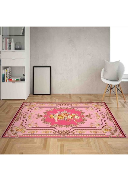 Çiçek Desen Çerçeveli Dijital Baskı Yıkanabilir Kaymaz Taban Klasik Salon Halısı ve Yolluk (Fuşya)