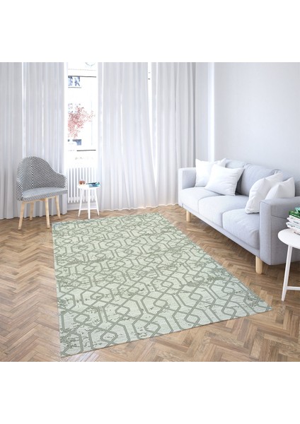 Geometrik Desenli Dijital Baskı Yıkanabilir Kaymaz Taban Modern Kilim Desen Salon Halı (Yeşil) fiyatları