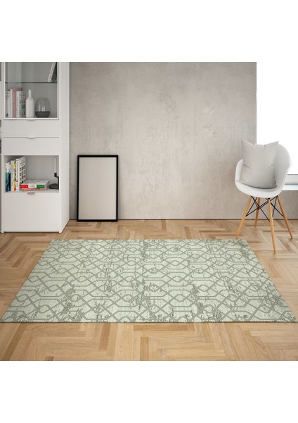 Geometrik Desenli Dijital Baskı Yıkanabilir Kaymaz Taban Modern Kilim Desen Salon Halı (Yeşil)