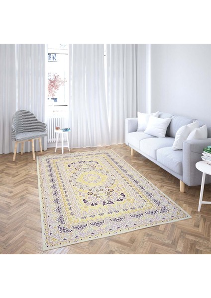 Osmanlı Motifler Desenli Dijital Baskı Yıkanabilir Kaymaz Taban Klasik Salon Halısı (Gold)