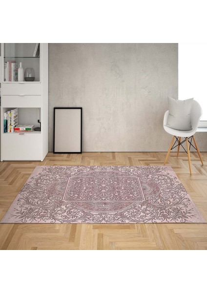 Kabartma Desenli Göbekli Dijital Baskı Yıkanabilir Kaymaz Taban Vintage Salon Halısı ve Yolluk Pudra