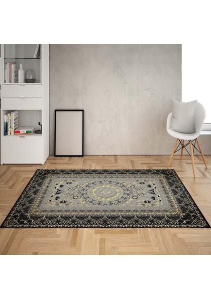 Osmanlı Motifler Desenli Dijital Baskı Yıkanabilir Kaymaz Taban Klasik Salon Halısı (Koyu)