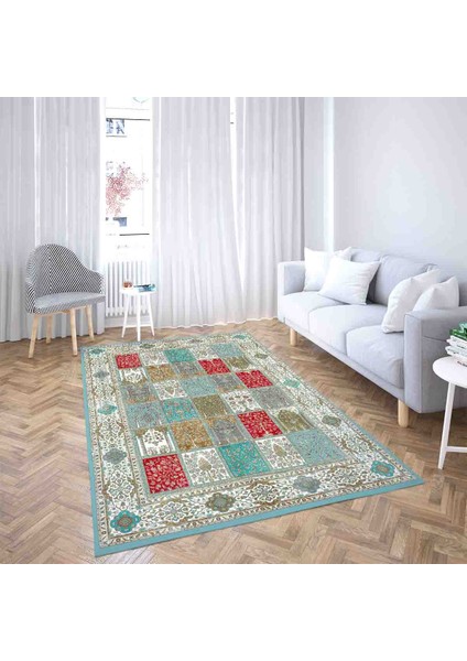 Etnik Desenli Dijital Baskı Yıkanabilir Kaymaz Taban Leke Tutmaz Salon Halısı ve Yolluk (Mavi)
