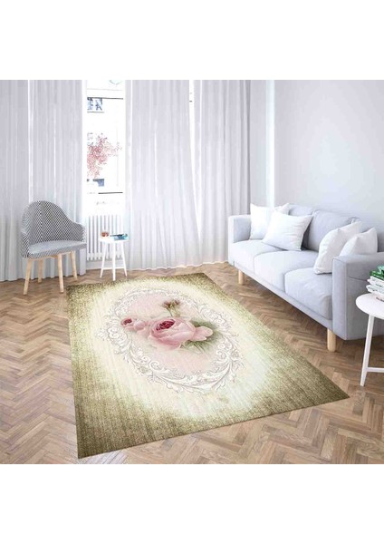 Çiçek Desenli Vintage Dijital Baskı Yıkanabilir Kaymaz Taban Salon Halı ve Yolluk (Yeşil)