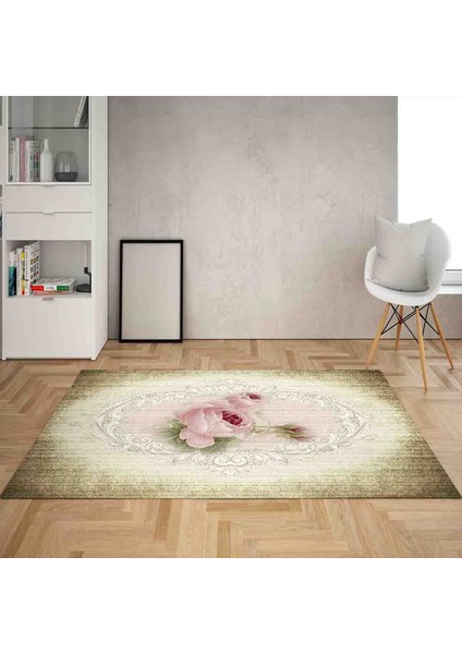 Çiçek Desenli Vintage Dijital Baskı Yıkanabilir Kaymaz Taban Salon Halı ve Yolluk (Yeşil)