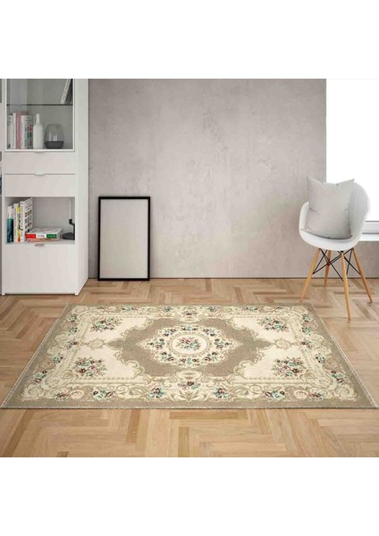 Osmanlı Motifler Desenli Dijital Baskı Yıkanabilir Kaymaz Taban Klasik Salon Halı ve Yolluk (Vizon)