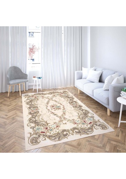 Çiçek Desenli Dijital Baskı Yıkanabilir Kaymaz Taban Leke Tutmaz Salon Halısı ve Yolluk (Vizon)