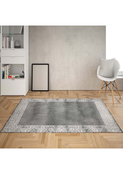 Çerçeve Desenli Dijital Baskı Yıkanabilir Kaymaz Taban Klasik Salon Halı ve Yolluk(Gri)