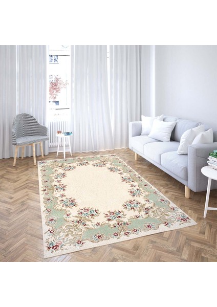 Çiçek Desenli Dijital Baskı Yıkanabilir Kaymaz Taban Leke Tutmaz Salon Halısı ve Yolluk(Yeşil)
