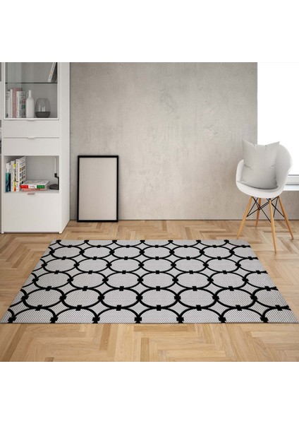 Geometrik Çember Desenli Dijital Baskı Yıkanabilir Kaymaz Taban Modern Salon Halısı (Gri Siyah)